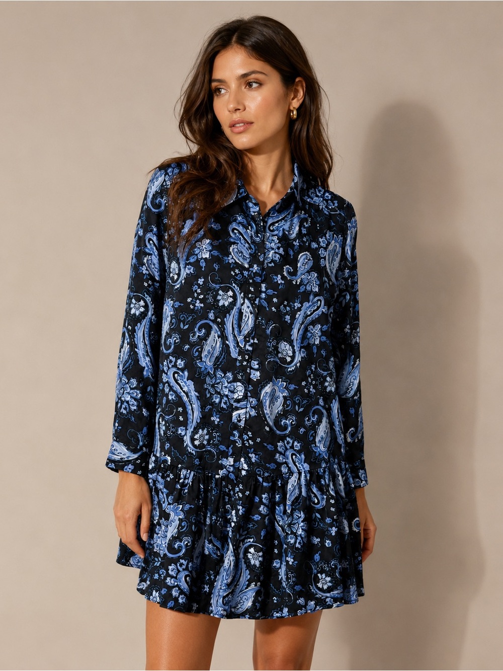 Zara Blue Paisley Print Button Front‎ Tiered Shirt Dress XS